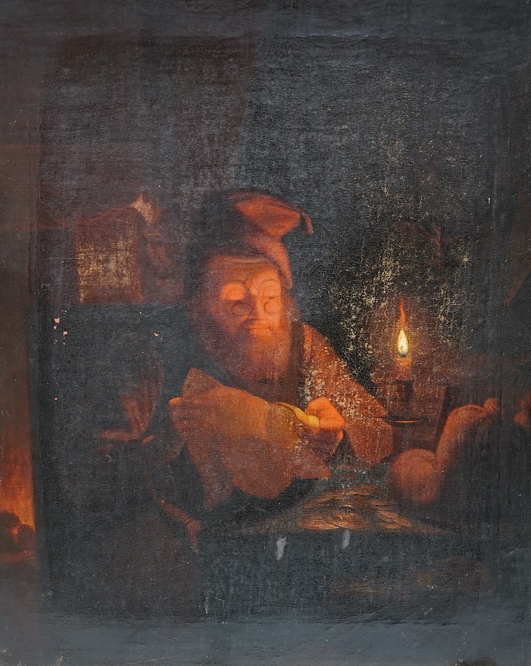 After Godfried Schalcken (Dutch, 1643-1706), oil on canvas, Gentleman reading by candlelight, unsigned, 44 x 37cm, unframed. Condition - poor to fair